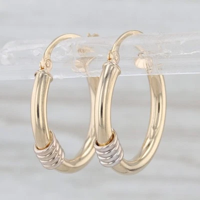 2-Toned Round Hoop Earrings 14k Yellow White Gold Snap Top Hoops - Image 1 of 4
