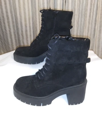 Women's Boots 7.5 Rouge Helium Black Suede Lace Up Side Zip 3 in Heel Punk Mod - Image 1 of 4