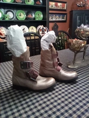 New Fly London Gold Shimmer w/ Burgundy straps Leather booties size 37 - Image 1 of 4