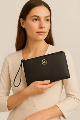 Michael Kors Fulton Black Pebbled Leather Wristlet Wallet Clutch Gold Logo-EUC - Image 1 of 4