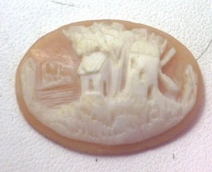 NOS Antique Hand Carved Oval Shell CAMEO Stone Windmill House Tree Scene #N401 - Picture 1 of 2