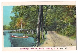 CANOE Greetings from HOAGS CORNER Dirt Road Water New York Postcard NY 1934 - Picture 1 of 2
