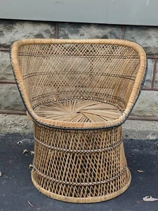 Wicker Barrel Chair Bamboo Cane Style Rattan 1970s Woven 27" Tall Sturdy - Picture 1 of 24