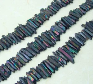 Black Titanium Quartz Crystal Points Strand Raw Rough Pendant Beads Healing - Picture 1 of 5