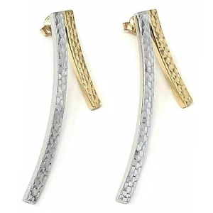 14k Two Tone Gold Diamond Cut Curved Bar Earrings 1.9" 6.1 grams - Picture 1 of 5