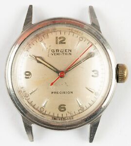 Vintage Gruen Veri-Thin Precision 17j Edelstahl Uhr läuft benötigt Service!