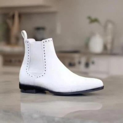 Botas Chelsea Brogue de Cuero Blanco para Hombre - Vestido Hecho a Mano y Calzado Informal Foto 1 de 4