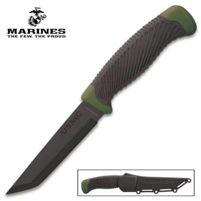 USMC Tactical Tanto Knife and Sheath | 1065 Carbon Steel Fixed Blade | 9" Length - Image 1 of 4