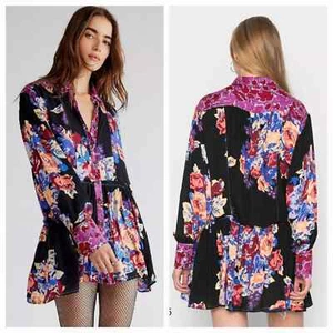 Free People Womens Magenta Black Floral Long Sleeve Brunch A Bunch Tunic Top L - Picture 1 of 7