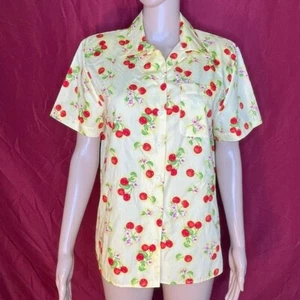 Vintage Karen Scott Sport Cherry Print Button Front Blouse Petite Medium - Picture 1 of 9