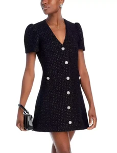 Aqua L107209 Womens Black V-Neck Short Sleeve Tweed Dress Size XS - Picture 1 of 5