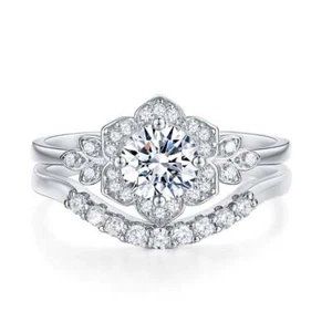 1.15CT White Round Cut CZ Wedding Best Matching Ring Set In 925 Sterling Silver - Picture 1 of 4
