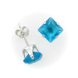 6mm Square CZ Zircon Blue Post Stud Earrings in Sterling Silver  - NEW! - Picture 1 of 7