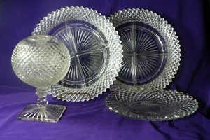 5 PC WESTMORELAND ENGLISH HOBNAIL IVY BOWL & 2 DIVIDED BOWLS & 2 PLATES Clear - Picture 1 of 8
