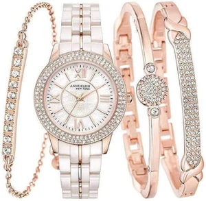 Anne Klein Swarovski Kristall goldfarben hellrosa Keramik Uhr & Armband, NEU - Bild 1 von 11