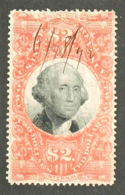 U.S. Revenue ~Scott 145 ~ Third Issue ~ 1872 ~ $2 ~ Vermillion & Black ~ USED - Image 1 of 2