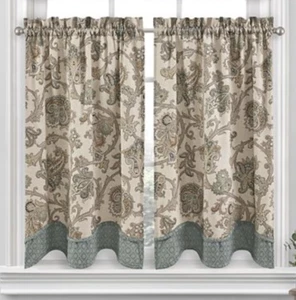 New Waverly Arezzo Giardino Rod Pocket Curtain Tier Pair, Beige, Blue & Red - Picture 1 of 4