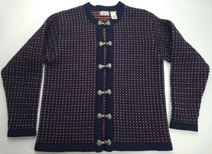 Small LL Bean Women Navy Blue Sweater Nordic Metal Clasp Cardigan Wool Hearts - Picture 1 of 6