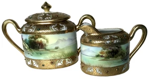 Antique 1891 Nippon Leaf Mark Sugar & Creamer Pot Lid Gold Textured Landscape - Picture 1 of 23