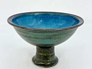 Vintage Signed Japanese Glazed Ceramic Footed Bowl Green Blue Green Striped - Picture 1 of 12
