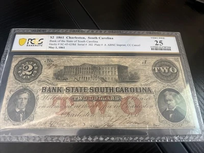 1861 $2 Confederate Paper Money - PCGS-Very Fine 25 ABNC Imprint CC cancel - Image 1 of 2