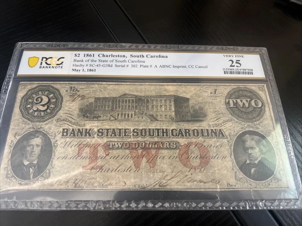 1861 $2 Confederate Paper Money - PCGS-Very Fine 25 ABNC Imprint CC cancel - Image 1 of 2