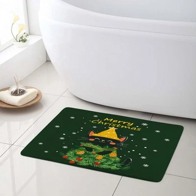 Blanco Copo de Nieve Verde Divertido Navidad Gato Cortina de Ducha Set para Decoración de Baño Foto 1 de 4