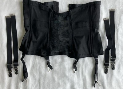 Vintage Black Lace Waist Cincher Garter Belt w 4 Extra Detachable Garters S-M - Image 1 of 2