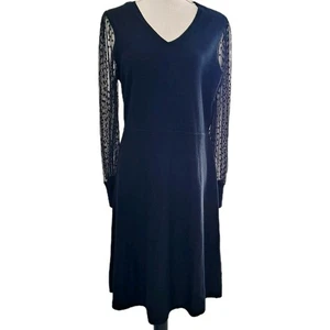 Talbots Black Merino Wool Fit & Flare Dress Sheer Polka Dot Sleeve Size Large - Picture 1 of 10