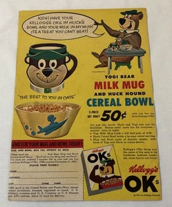 1961 Kellogg's OK's Müsli Werbung ~ YOGI BÄR Milchbecher, Huckleberry Hound Bowl - Bild 1 von 1