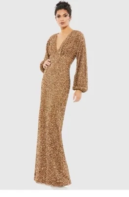 NWT Mac Duggal Bronze sequin Sequined V Neck Evening Gown Dress 6 MISSING BEADS - Image 1 of 4