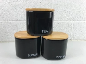 Black Ceramic Kitchen Storage Canisters Tea Sugar Coffee Wood lid Oval 5x 5 x 4" - Picture 1 of 4