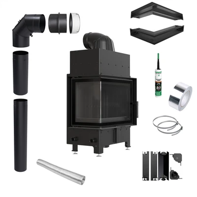 Inserto camino angolare KRATKI FLOKI sinistra 8kW Ø160 nero kit montaggio - Immagine 1 di 4