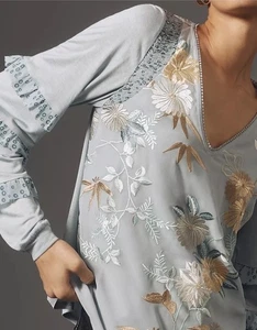 ANTHROPOLOGIE x TINY Frances Long Sleeve Ruffled Flutter Top Blue Motif Sz Small - Picture 1 of 14