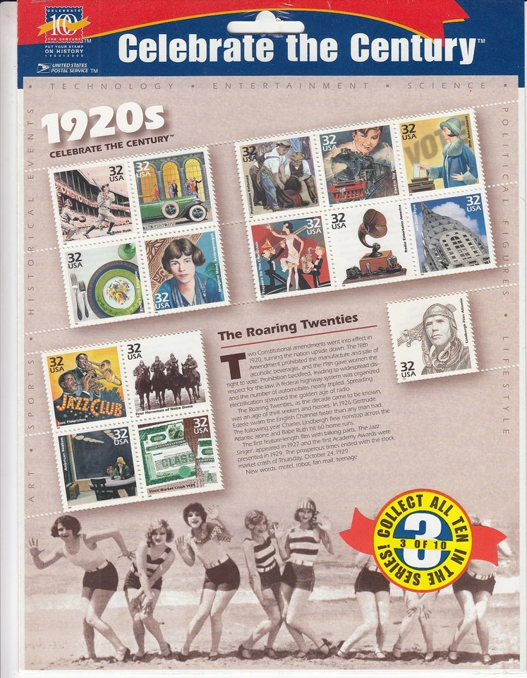 U S STAMPS CELEBRATE THE CENTURY 1920 ROARING TWENTIES 15 STAMPS @ O.32  MNH - Image 1 of 1