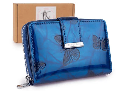 JENNIFER JONES Kompakt Lackiertes Damen-Geldbörse mit Schmetterlingsmuster RFID-Schutz Blau