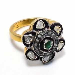Emerald Gemstone Rose Cut Polki Pave Diamond 925 Sterling Silver Ring Jewelry - Picture 1 of 8