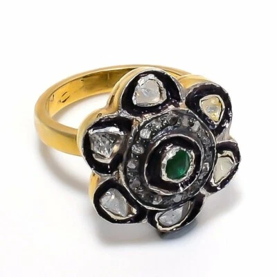 Smaragd Edelstein Rose Schnitt Polki Pflastern Diamant 925 Sterlingsilber Ring - Bild 1 von 4