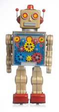 Gear Robot Tin Toy RM Metal House Japan Battery Operated Gold 