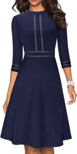 HOMEYEE Women's Chic Crew Neck 3/4 Sleeve Party Homecoming Aline Dress Navy 10US - Picture 1 of 7