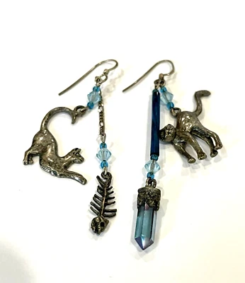 Crystal Blue Point & Bead Silver Cat Fish Bone Dangle Earrings - Image 1 of 4
