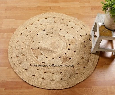 INDIAN FLOWER BRAIDED NATURAL JUTE ROUND FLOOR RUG 97x97cm CARPET AREA RAG RUG - Image 1 of 3