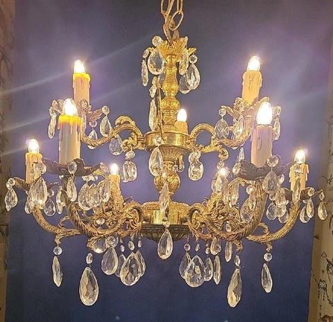 Massive 1 of 2  FRENCH Loaded Lead Crystal Brass 2 Tier Italian 9 Arm Chandelier Cover