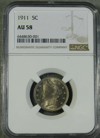 1911 Liberty V Nickel NGC Certified AU 58 Super Cartwheel Luster! ~ US Coin #504 Cover