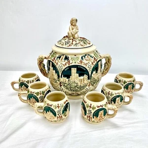 Vintage German 5L Pottery Castle Scene Lidded Punch Bowl Set w/ 6 Matching Cups - Picture 1 of 11