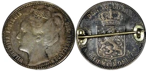 Netherlands Wilhelmina I Silver 1898 1 Gulden Coronation Brooch Pin KM# 122.1(3) - Picture 1 of 3