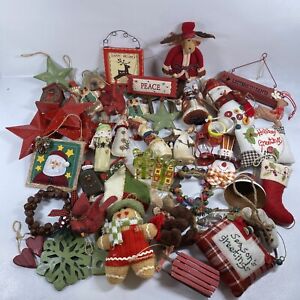 Huge Bundle Lot of Rustic, Red/Green/Brown Farmhouse Christmas Ornaments