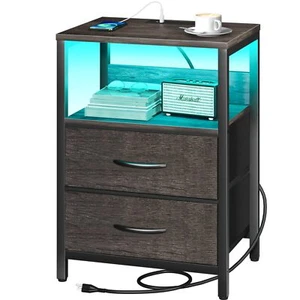 Nightstand with Charging Station LED Night Stand with Fabric Drawers and Stor... - Picture 1 of 9