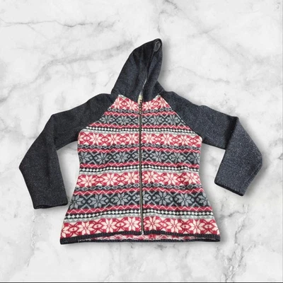 Woolrich Mujer Gris Rojo Negro Cremallera Sudadera con Capucha Copo de Nieve Fair Isle Cremallera Completa Suéter Foto 1 de 4