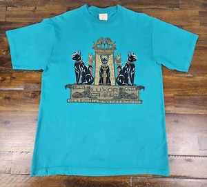 Vintage 90s Egyptian Black Cat Shirt Size M Turquoise Luxor Las Vegas Made In USA - Bild 1 von 7